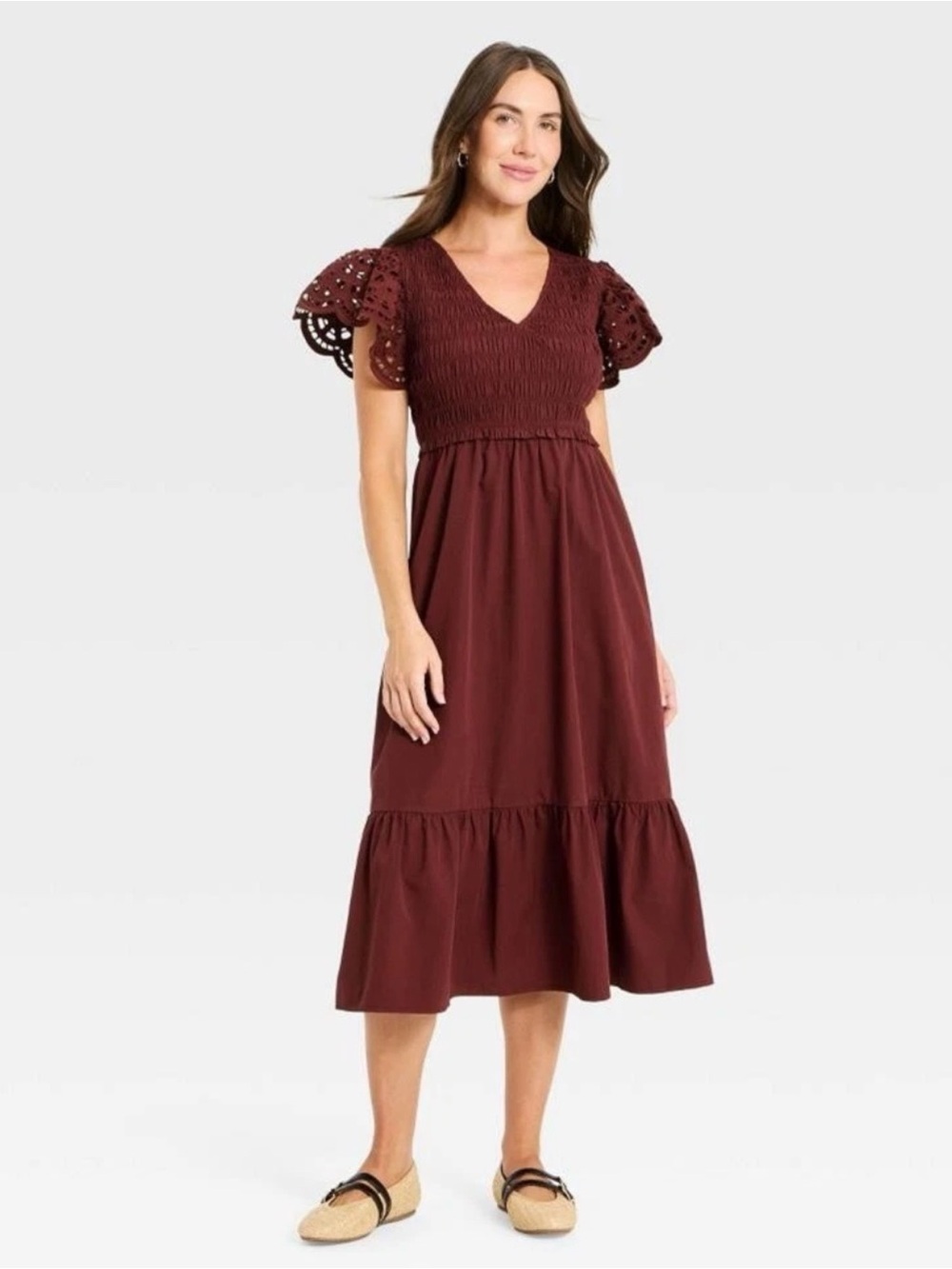 Universal Thread Smocked V-Neck Midi Dress with Eyelet Flutter Sleeves Size XS